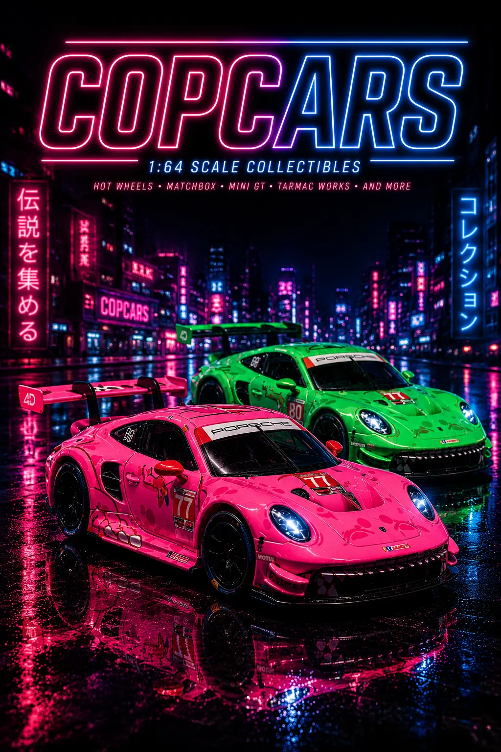 CopCars — 1:64 scale diecast collectibles. Two Porsche 911 RSR castings on a neon-lit Tokyo street.